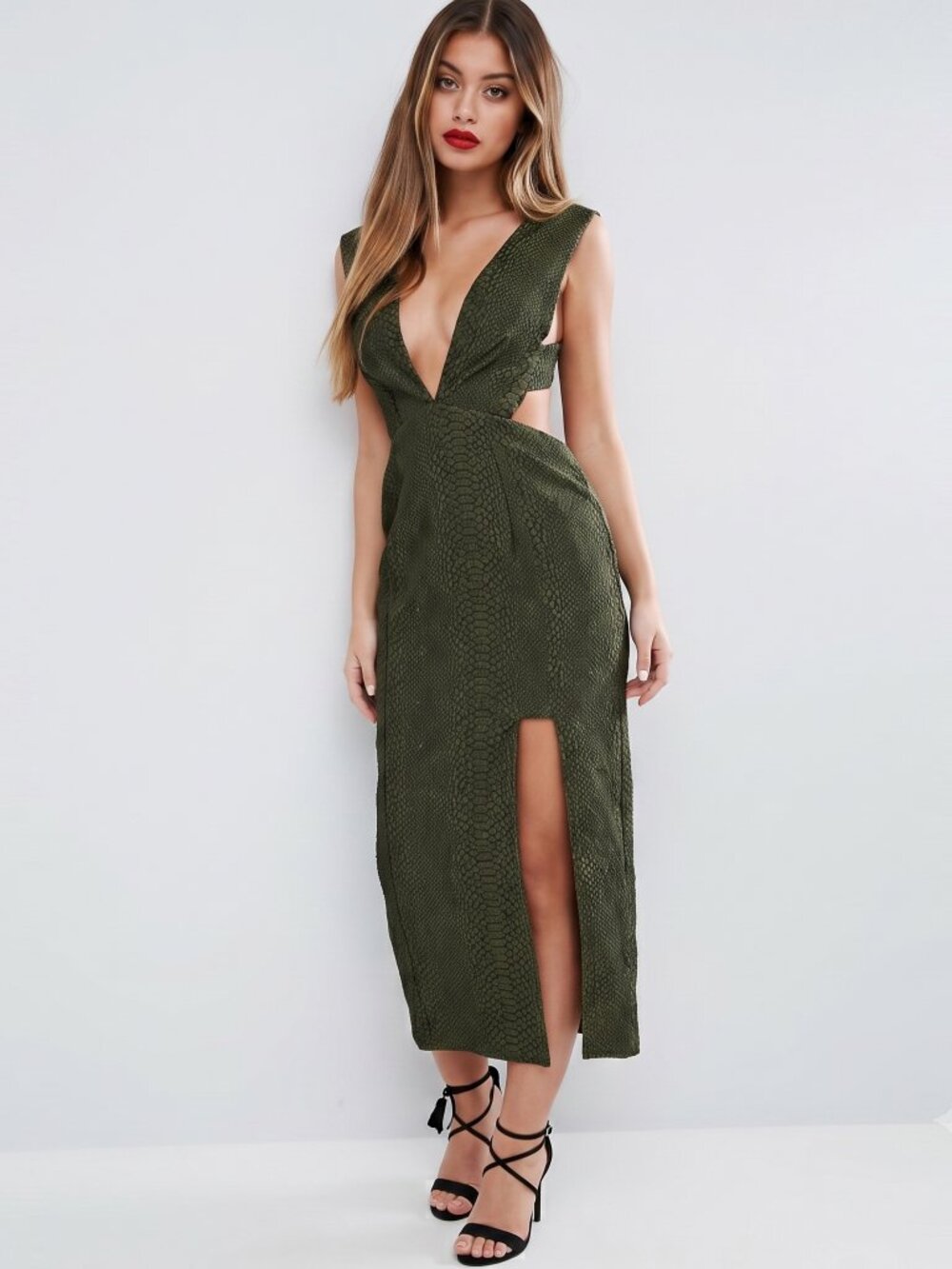 ASOS TALL Green Deep Plunge Croc Print Cutout Midi Dress - US Size 8